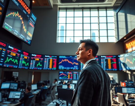 Trading floor screens showing Mexican peso and currency charts with Banxico focus
