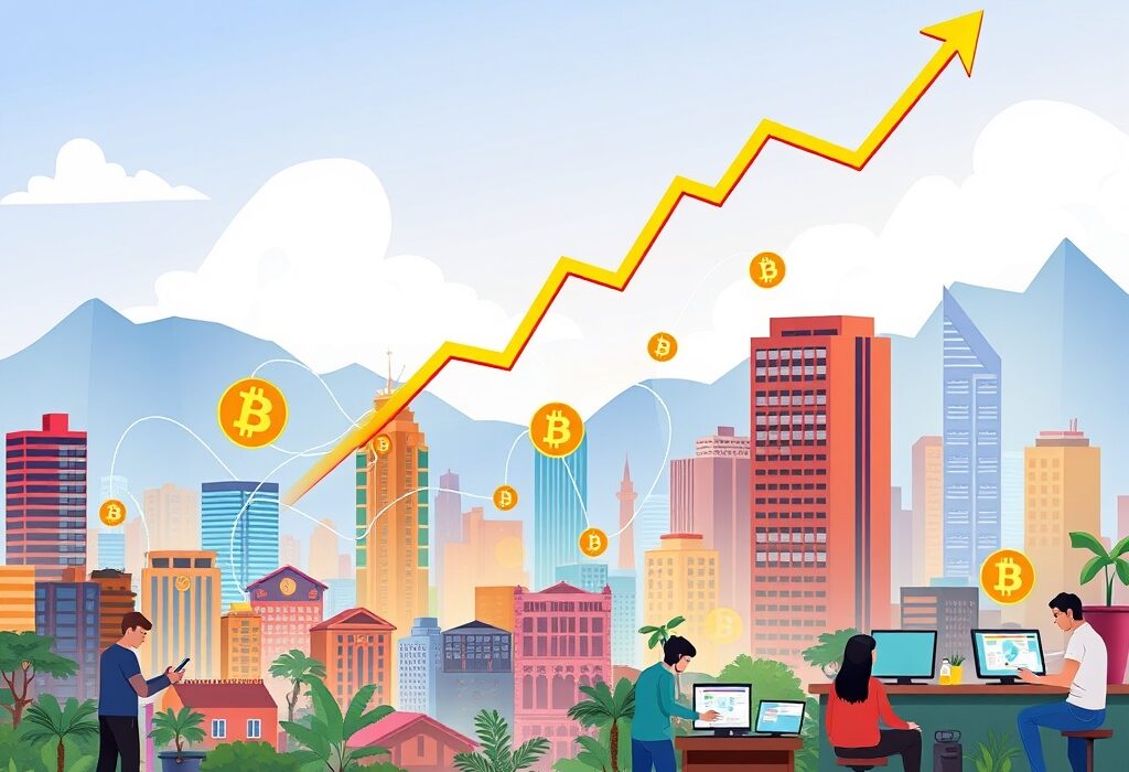 A cartoon illustration showing the rapid growth of Latin American crypto exchange flows, with digital currency symbols moving across a vibrant city.