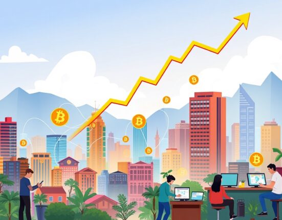 A cartoon illustration showing the rapid growth of Latin American crypto exchange flows, with digital currency symbols moving across a vibrant city.