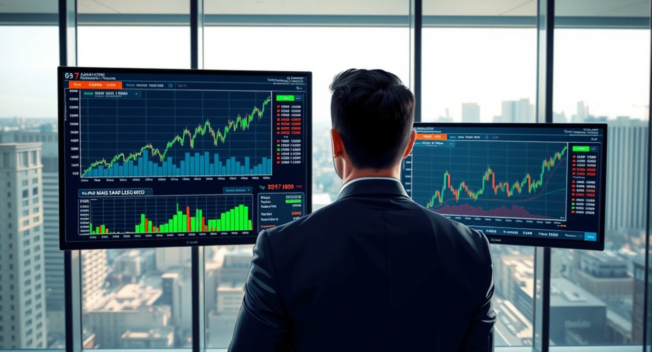 Financial analyst in São Paulo reviewing data charts on Latin American market performance and volatility risks.