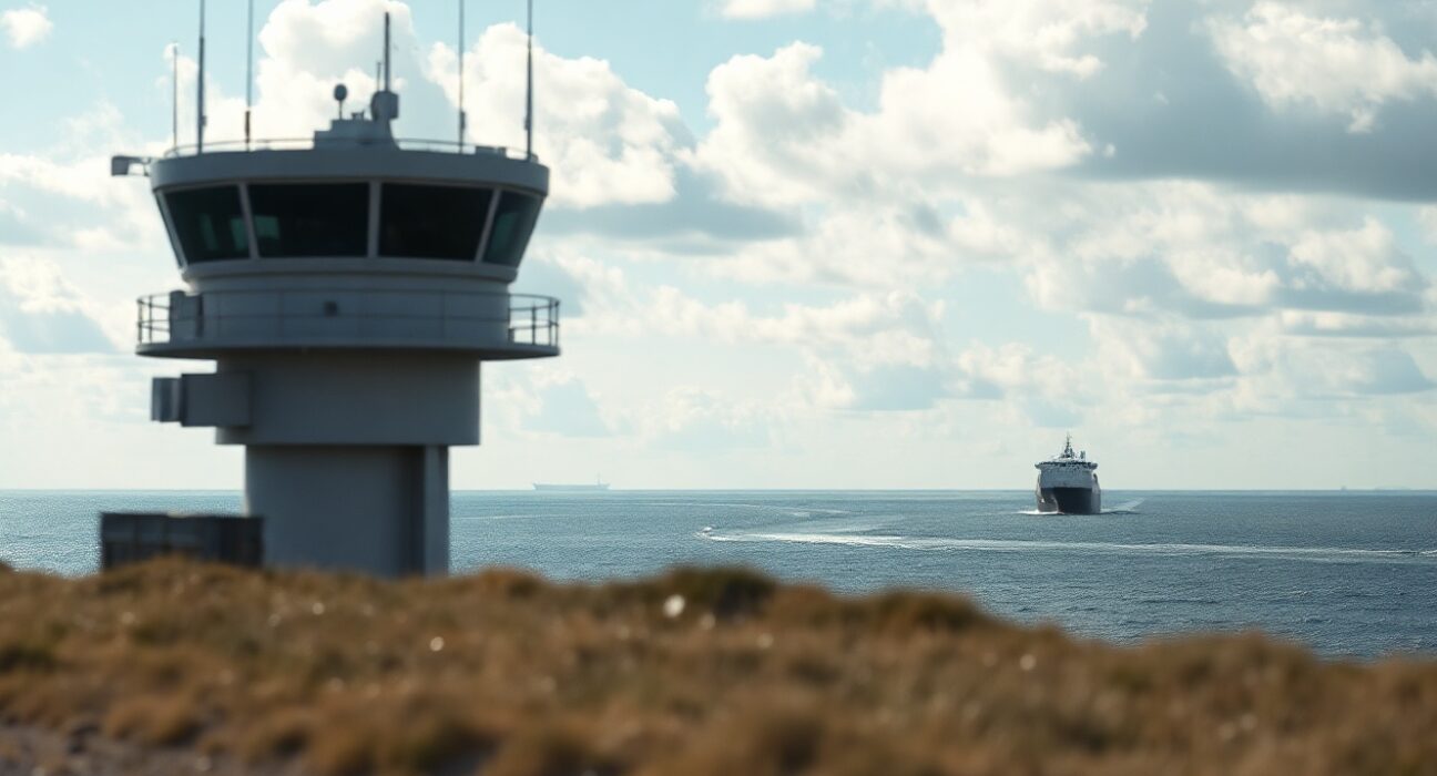 Baltic coastline with radar installation and distant ship under cloudy sky