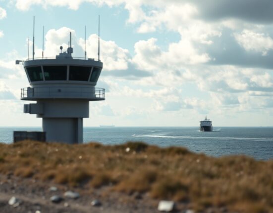 Baltic coastline with radar installation and distant ship under cloudy sky