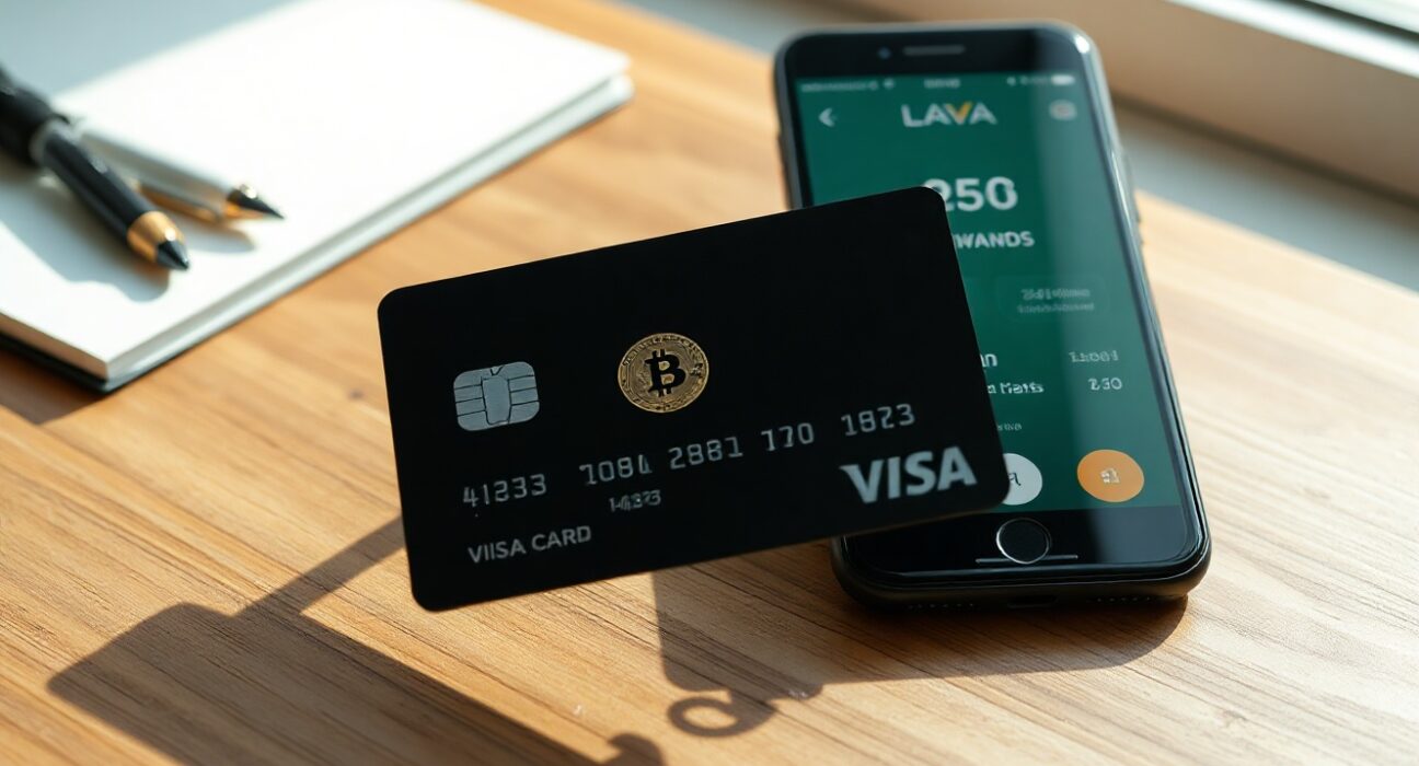 Lava Card Visa credit card with Bitcoin rewards displayed on a desk next to a smartphone showing the Lava app.