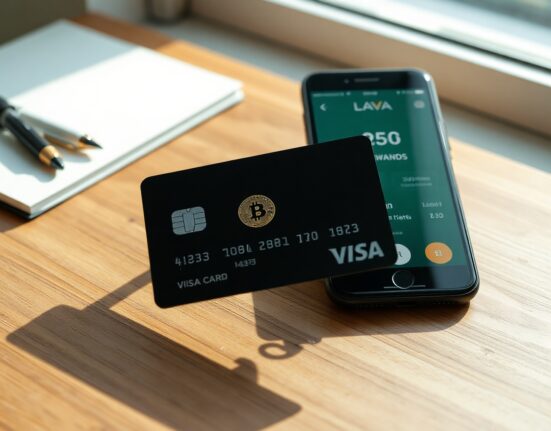 Lava Card Visa credit card with Bitcoin rewards displayed on a desk next to a smartphone showing the Lava app.