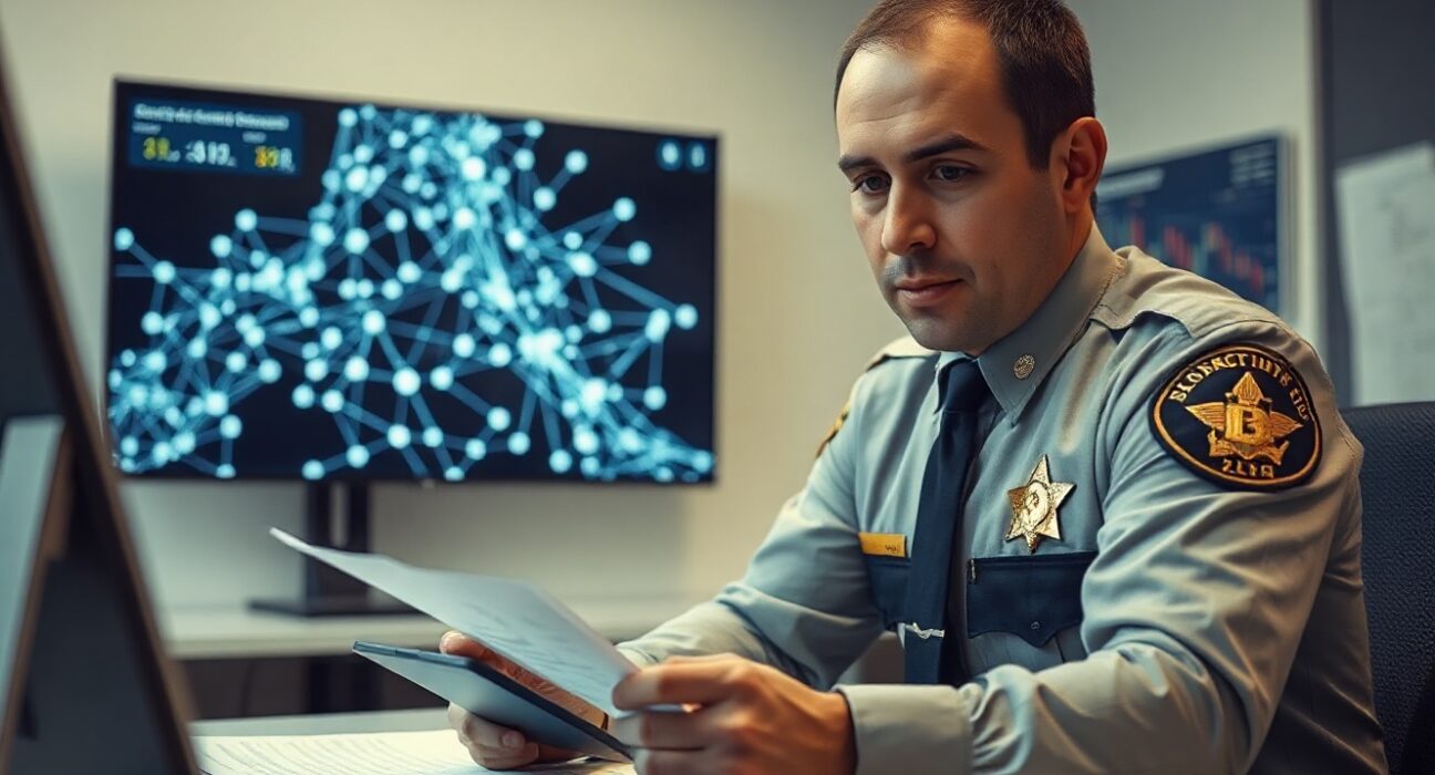 Law enforcement officer reviewing digital asset transaction data and blockchain network visuals in an office