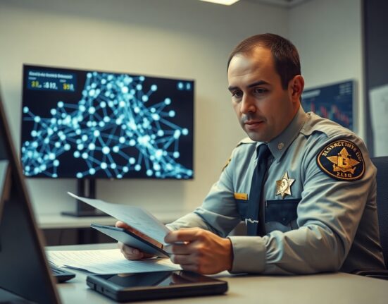 Law enforcement officer reviewing digital asset transaction data and blockchain network visuals in an office