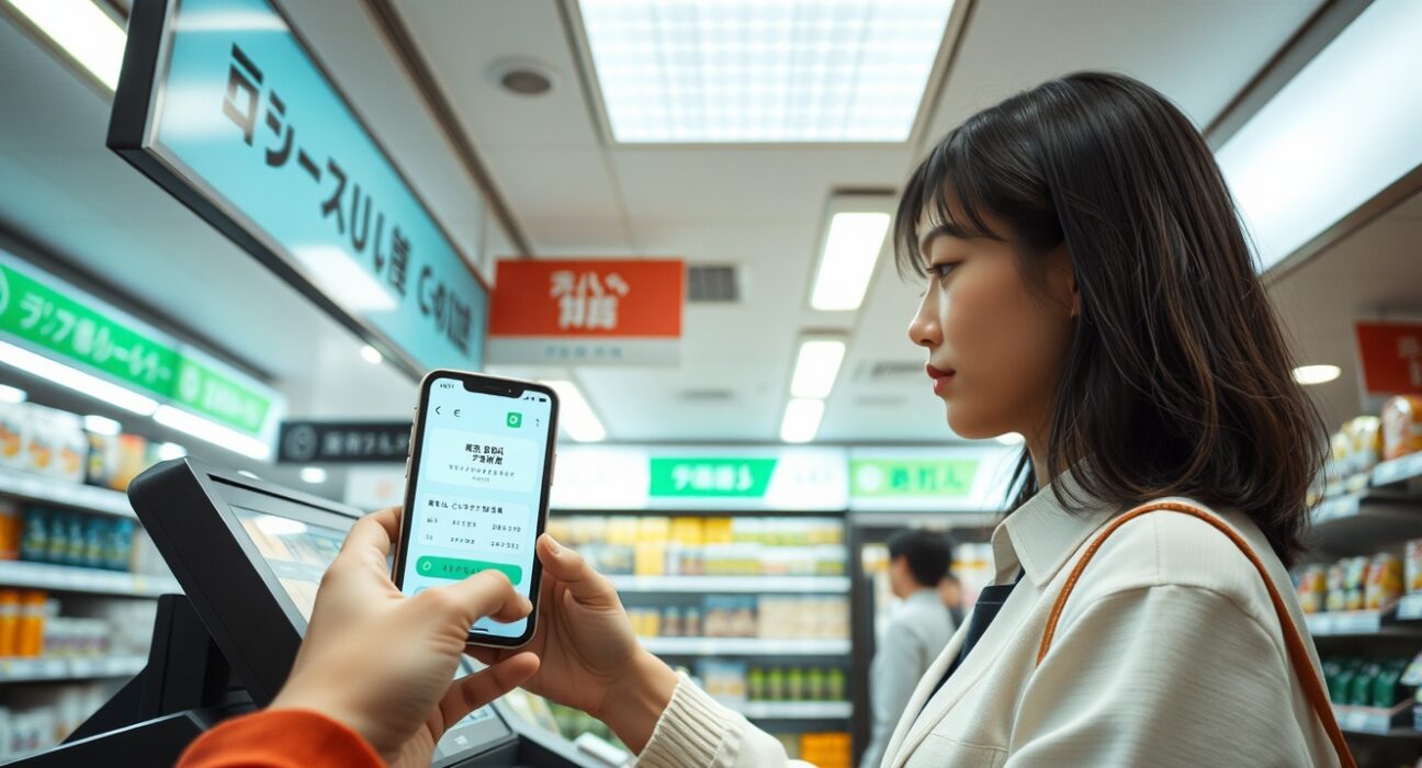 Customer using smartphone for stablecoin payment at Lawson convenience store in Tokyo