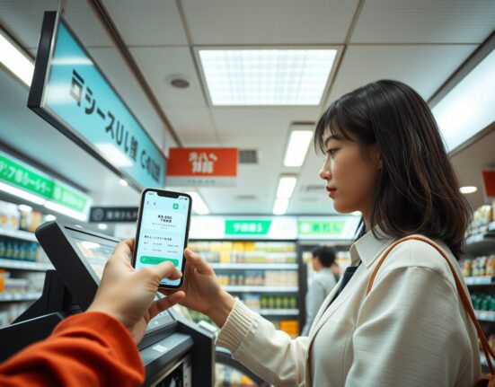Customer using smartphone for stablecoin payment at Lawson convenience store in Tokyo