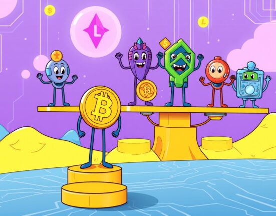 Cartoon illustration showing how Layer 1 cryptocurrencies provide a hedge and support system for Bitcoin in the blockchain ecosystem.