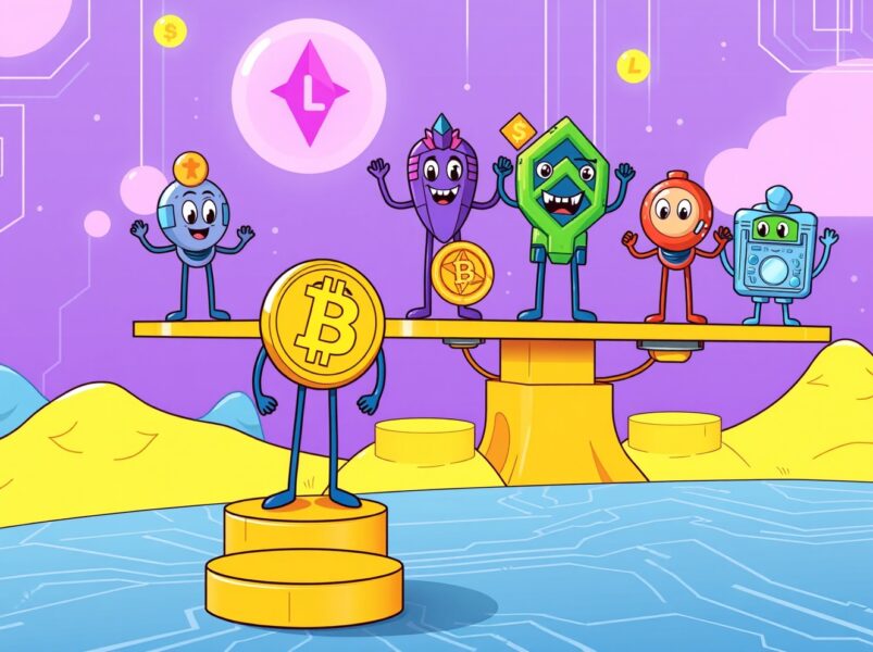 Cartoon illustration showing how Layer 1 cryptocurrencies provide a hedge and support system for Bitcoin in the blockchain ecosystem.