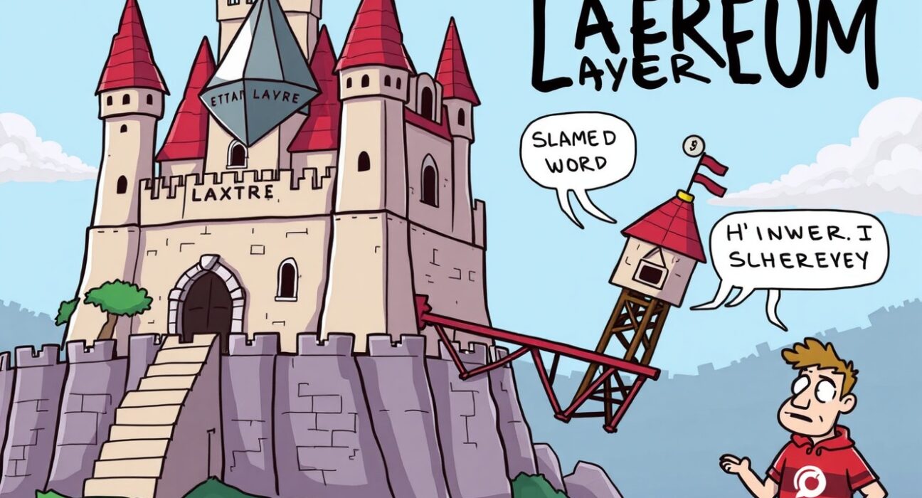 Cartoon showing a shaky Layer 2 platform connected to a solid Layer 1, questioning its inherited Layer 2 security.