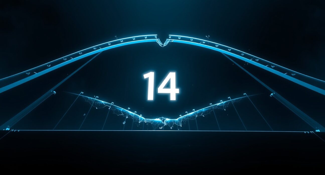 A fractured digital bridge with the number 14, symbolizing the mass exodus of protocols from LayerZero.
