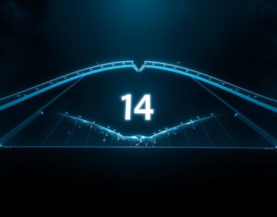 A fractured digital bridge with the number 14, symbolizing the mass exodus of protocols from LayerZero.
