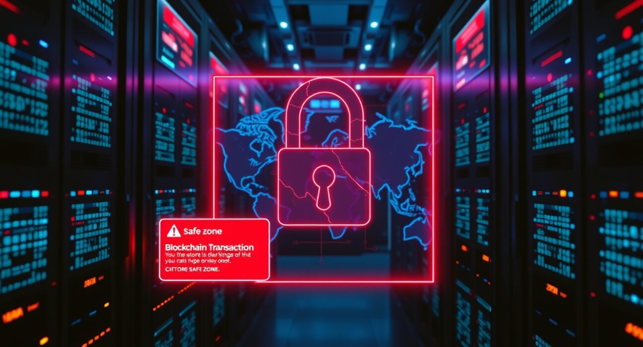 Digital security breach illustration showing a cracked lock on a blockchain network map in a server room.