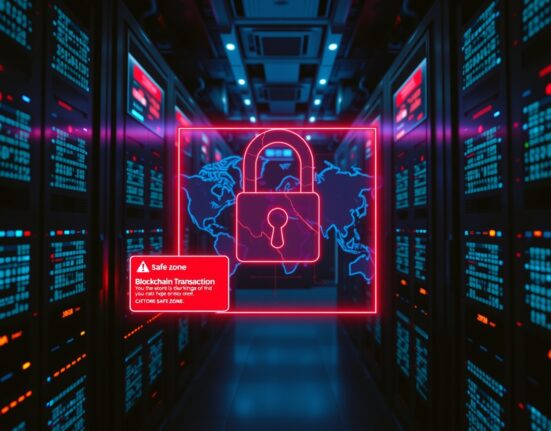 Digital security breach illustration showing a cracked lock on a blockchain network map in a server room.