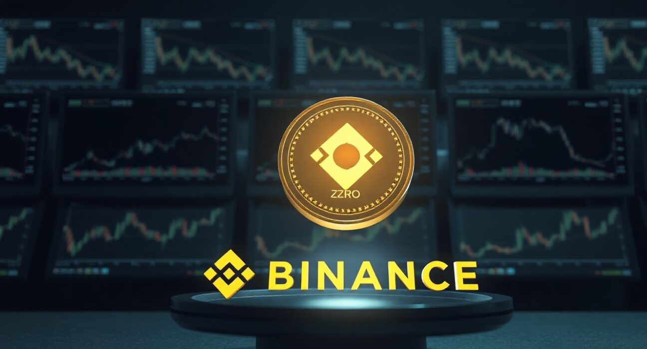 A large glowing ZRO token falling into a dark cryptocurrency exchange interface, representing a significant deposit.