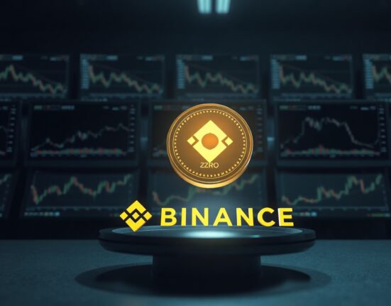 A large glowing ZRO token falling into a dark cryptocurrency exchange interface, representing a significant deposit.