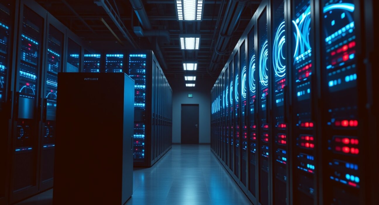 Dimly lit single server rack in foreground with three brightly lit connected racks in background, representing LayerZero's security upgrade from single to multi-validator.