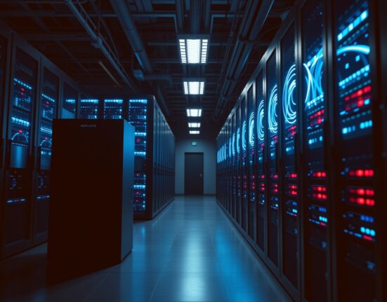 Dimly lit single server rack in foreground with three brightly lit connected racks in background, representing LayerZero's security upgrade from single to multi-validator.