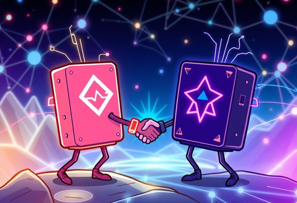 Cartoon illustration of LayerZero and Stargate merging, symbolizing the significant LayerZero Stargate acquisition in the omnichain space.