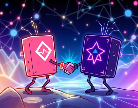 Cartoon illustration of LayerZero and Stargate merging, symbolizing the significant LayerZero Stargate acquisition in the omnichain space.