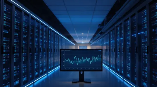 Server racks and a network workstation illustrating LayerZero's Zero mainnet and ATLAS trading infrastructure launch