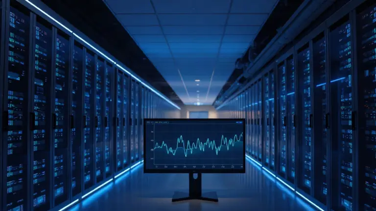 Server racks and a network workstation illustrating LayerZero's Zero mainnet and ATLAS trading infrastructure launch