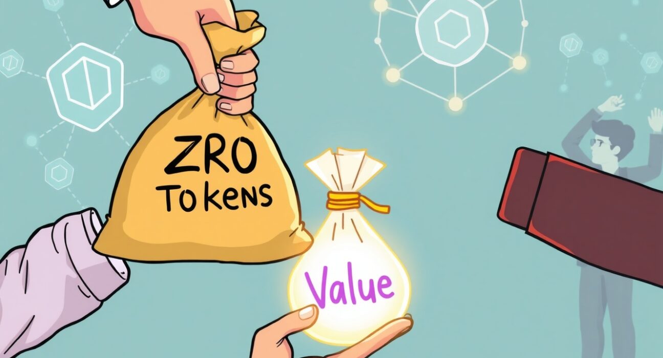A cartoon image illustrating the LayerZero ZRO token buyback, showing value being exchanged for digital tokens, symbolizing investor confidence in LayerZero ZRO.