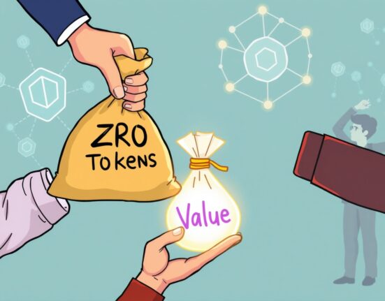 A cartoon image illustrating the LayerZero ZRO token buyback, showing value being exchanged for digital tokens, symbolizing investor confidence in LayerZero ZRO.