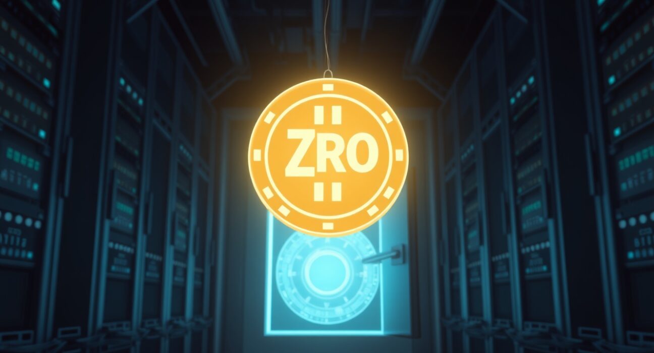 LayerZero ZRO token and digital vault representing the strategic partner's major cryptocurrency deposit and security context.