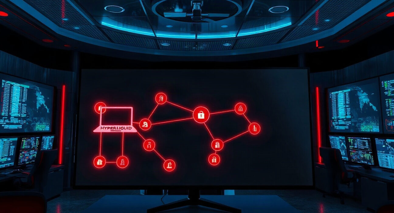 Digital surveillance screen showing a cryptocurrency transaction path from Hyperliquid to exchanges, with red lines indicating the flow of funds.
