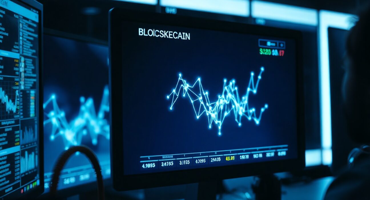 Blockchain transaction graph on a monitor in a cybersecurity monitoring room, representing the Lazarus Group's Bitcoin transfer.
