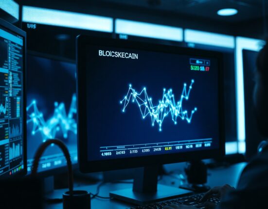 Blockchain transaction graph on a monitor in a cybersecurity monitoring room, representing the Lazarus Group's Bitcoin transfer.