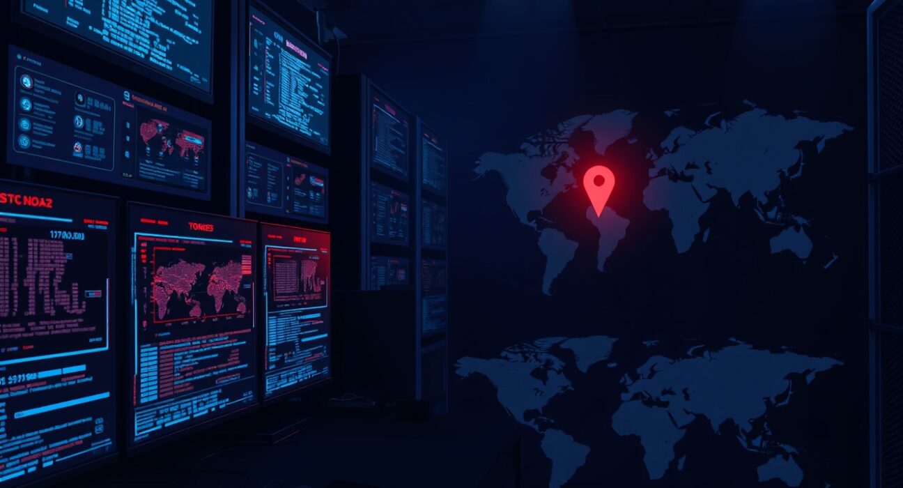Dark server room with monitors showing blockchain data and a map of North Korea, representing Lazarus Group cybercrime.