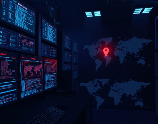 Dark server room with monitors showing blockchain data and a map of North Korea, representing Lazarus Group cybercrime.
