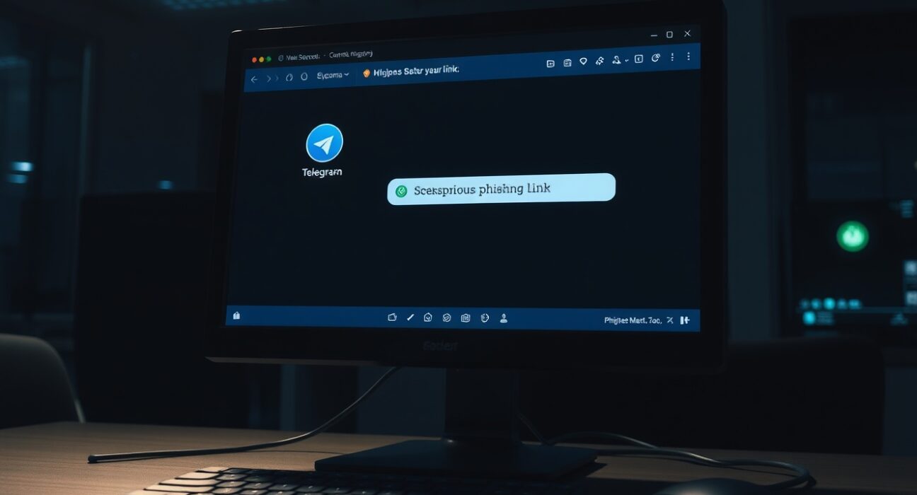 Computer screen showing Telegram chat with phishing link and crypto wallet icon in dark office