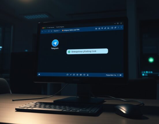 Computer screen showing Telegram chat with phishing link and crypto wallet icon in dark office