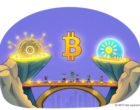 A cartoon illustration showing the LBTC token expansion bridging Bitcoin DeFi to the Solana blockchain, symbolizing new opportunities.