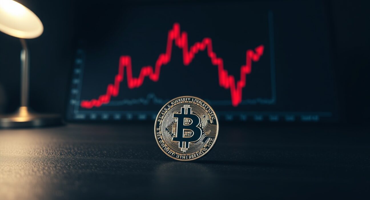 Bitcoin coin on a trading desk with a faint red downward trend chart in the background