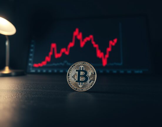 Bitcoin coin on a trading desk with a faint red downward trend chart in the background