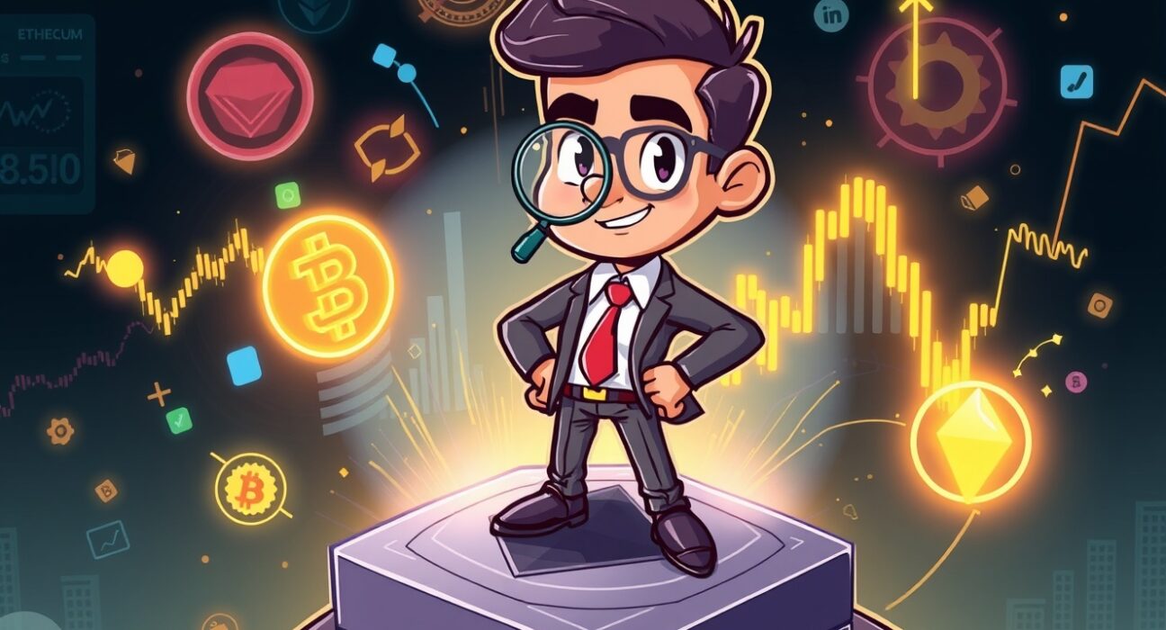 Confident investor analyzing strong ETH fundamentals on a vibrant blockchain platform with market data streams