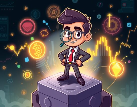 Confident investor analyzing strong ETH fundamentals on a vibrant blockchain platform with market data streams