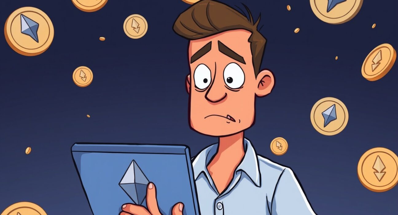 Cartoon investor analyzing Ethereum price chart showing significant unrealized loss