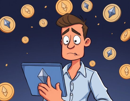 Cartoon investor analyzing Ethereum price chart showing significant unrealized loss