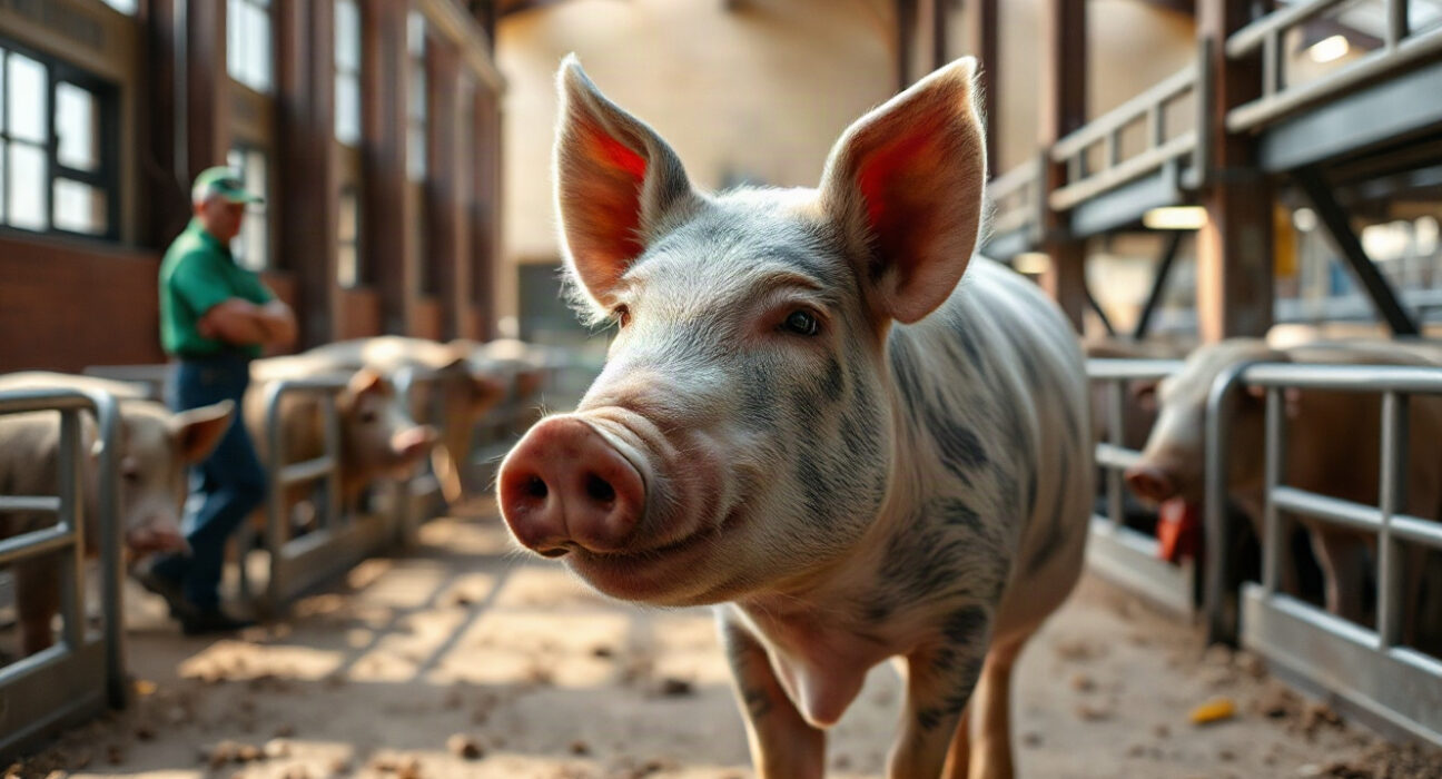 Market-weight hog in a clean livestock auction barn, representing the lean hog futures market.
