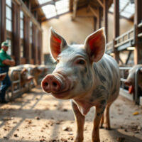 Market-weight hog in a clean livestock auction barn, representing the lean hog futures market.