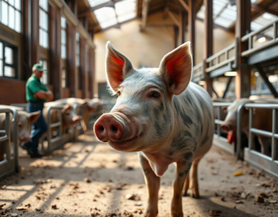Market-weight hog in a clean livestock auction barn, representing the lean hog futures market.