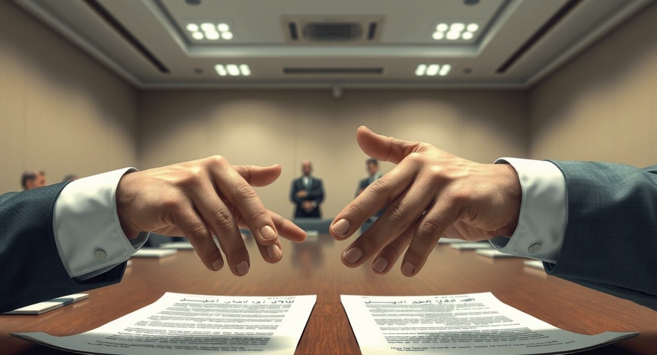 Diplomatic hands reaching across a table during Lebanon-Israel ceasefire negotiations.