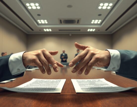 Diplomatic hands reaching across a table during Lebanon-Israel ceasefire negotiations.