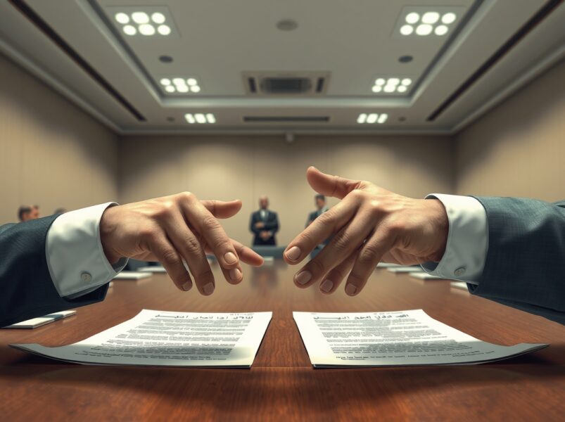Diplomatic hands reaching across a table during Lebanon-Israel ceasefire negotiations.